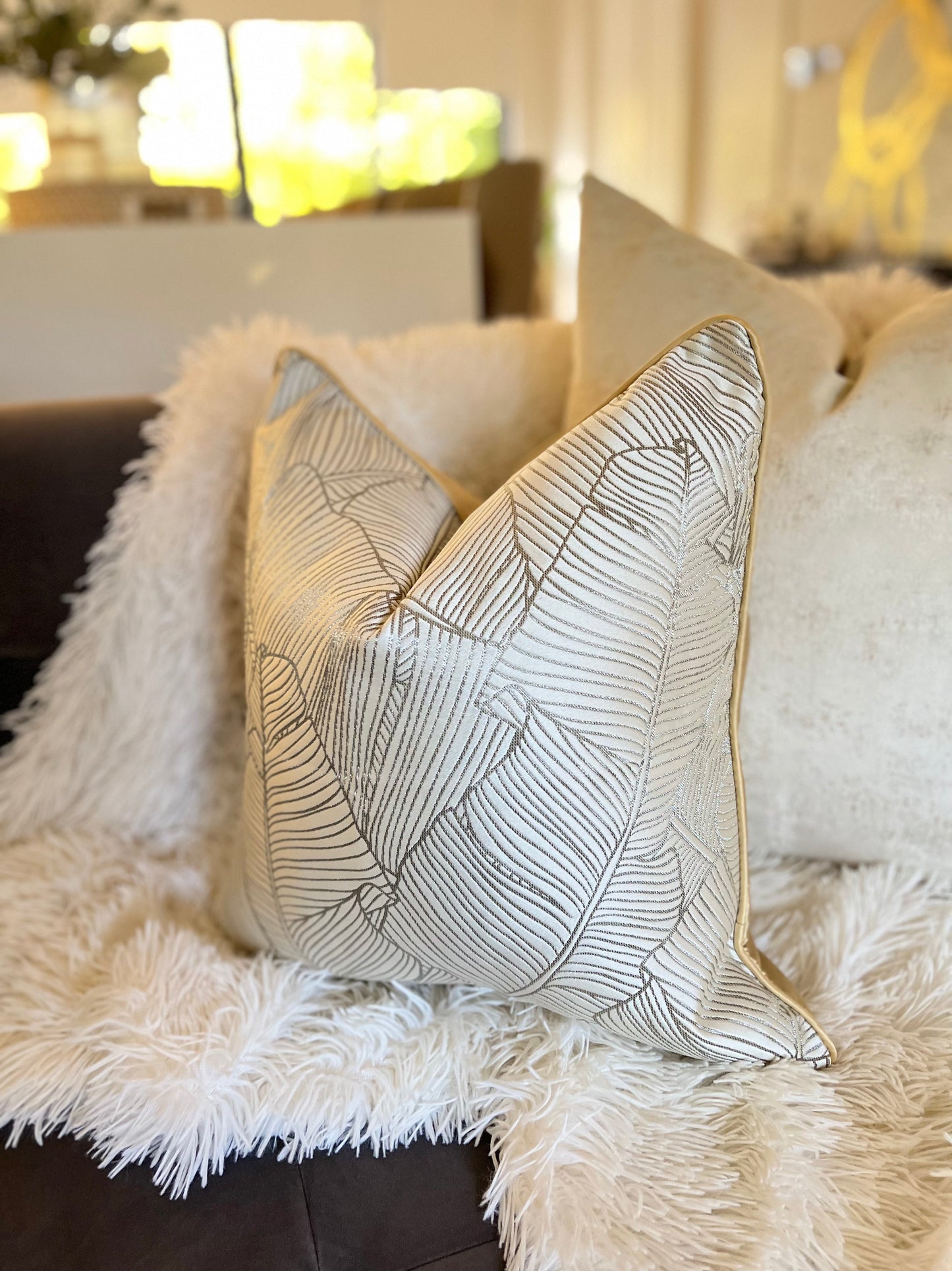 Silver and Gold Leaf pattern Jacquard Luxury Cushion Cover