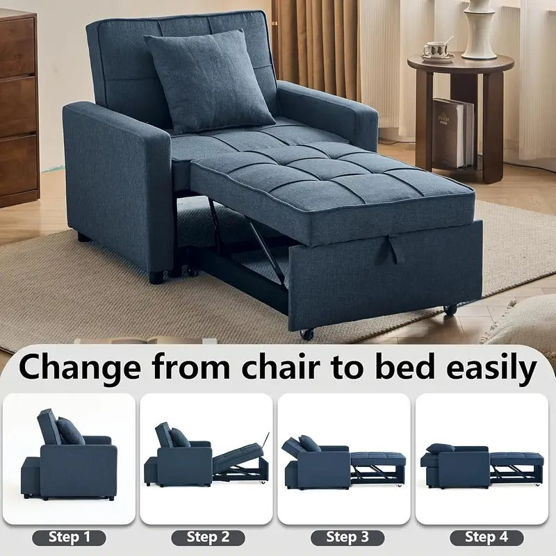 Convertible Sofa Bed Chair with Pull-Out Sleeper, 3-in-1 Reclining Futon Couch with Storage Pocket - Space-Saving Design, Blue Modern Sleeper Sofa with Soft Cushions & Sturdy Engineered Wood Frame, Manual Operation for Small Apartments, Dorms, Studios