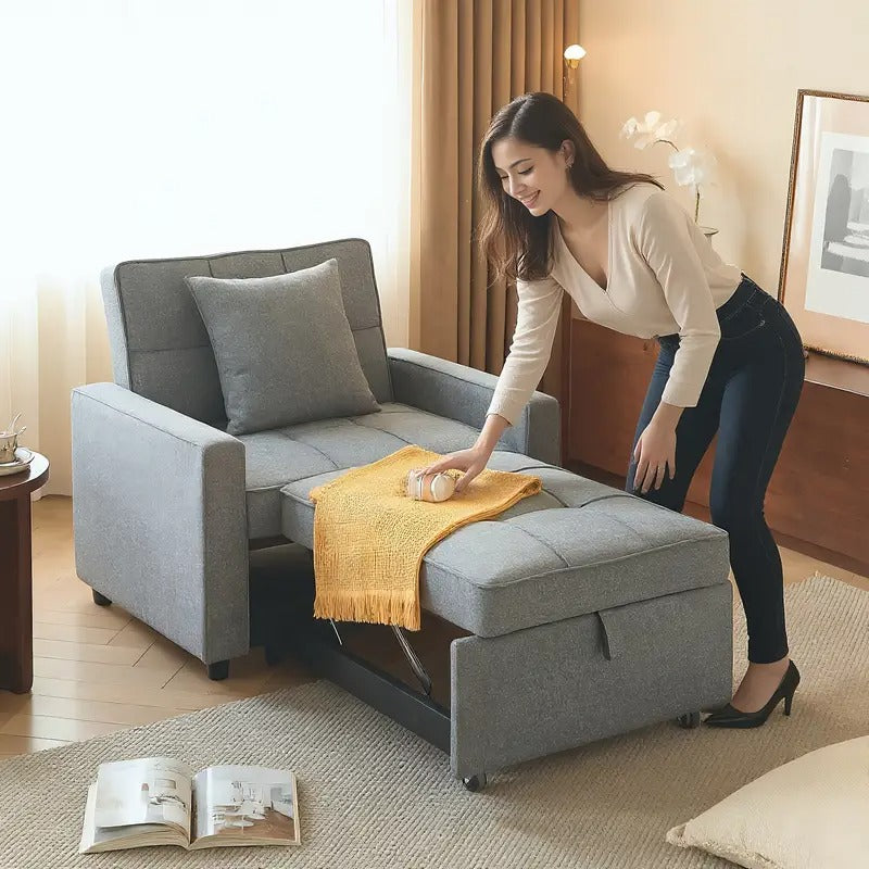 Convertible Sofa Bed Chair with Pull-Out Sleeper, 3-in-1 Reclining Futon Couch with Storage Pocket - Space-Saving Design, Blue Modern Sleeper Sofa with Soft Cushions & Sturdy Engineered Wood Frame, Manual Operation for Small Apartments, Dorms, Studios