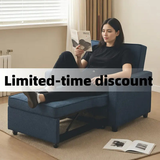 Convertible Sofa Bed Chair with Pull-Out Sleeper, 3-in-1 Reclining Futon Couch with Storage Pocket - Space-Saving Design, Blue Modern Sleeper Sofa with Soft Cushions & Sturdy Engineered Wood Frame, Manual Operation for Small Apartments, Dorms, Studios