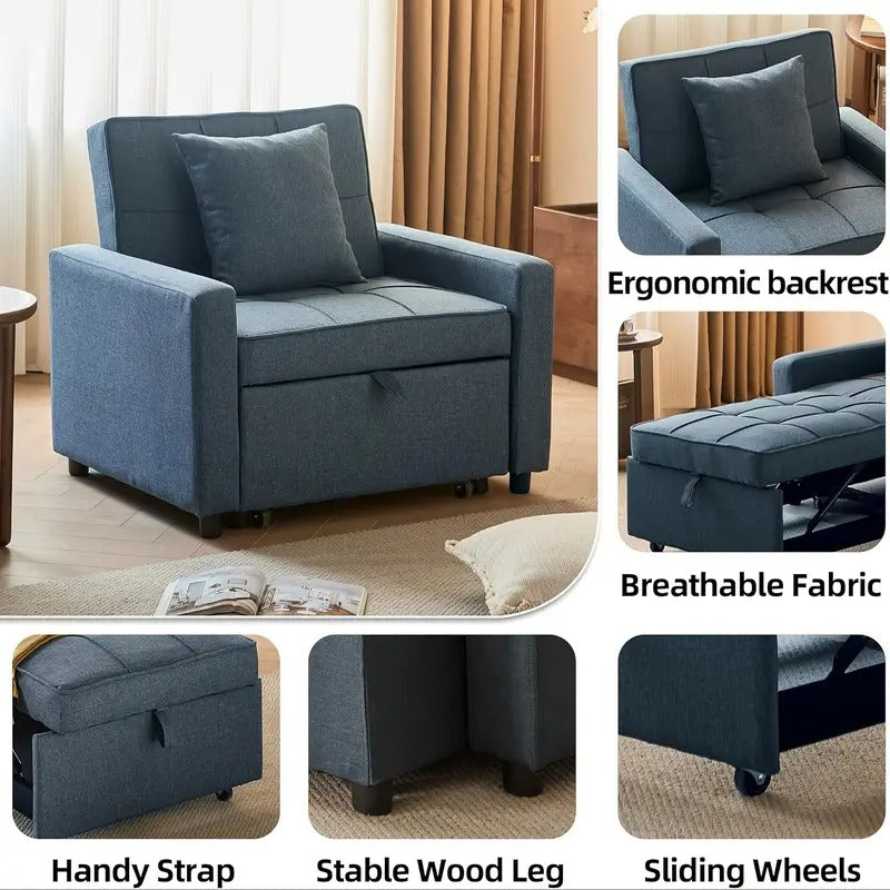 Convertible Sofa Bed Chair with Pull-Out Sleeper, 3-in-1 Reclining Futon Couch with Storage Pocket - Space-Saving Design, Blue Modern Sleeper Sofa with Soft Cushions & Sturdy Engineered Wood Frame, Manual Operation for Small Apartments, Dorms, Studios