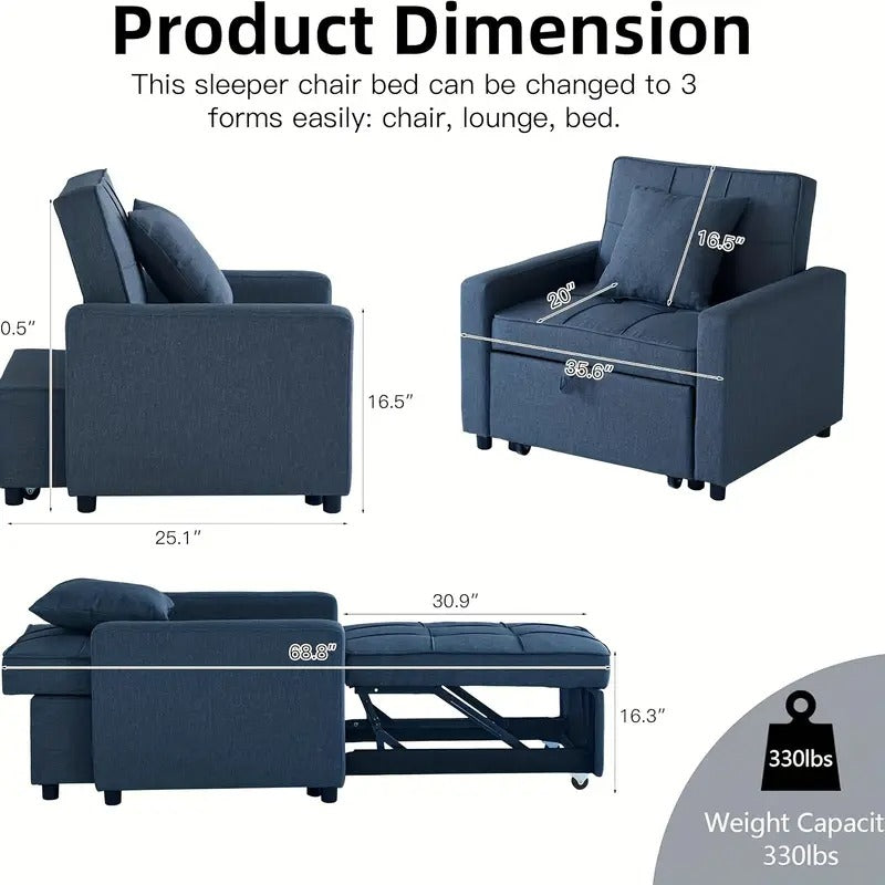 Convertible Sofa Bed Chair with Pull-Out Sleeper, 3-in-1 Reclining Futon Couch with Storage Pocket - Space-Saving Design, Blue Modern Sleeper Sofa with Soft Cushions & Sturdy Engineered Wood Frame, Manual Operation for Small Apartments, Dorms, Studios