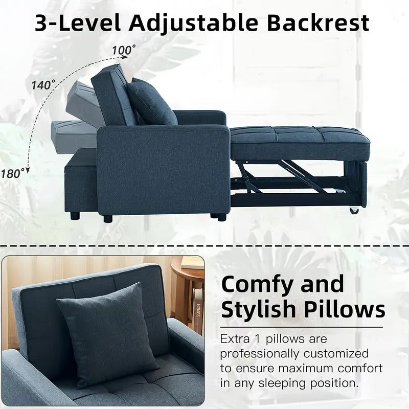Convertible Sofa Bed Chair with Pull-Out Sleeper, 3-in-1 Reclining Futon Couch with Storage Pocket - Space-Saving Design, Blue Modern Sleeper Sofa with Soft Cushions & Sturdy Engineered Wood Frame, Manual Operation for Small Apartments, Dorms, Studios