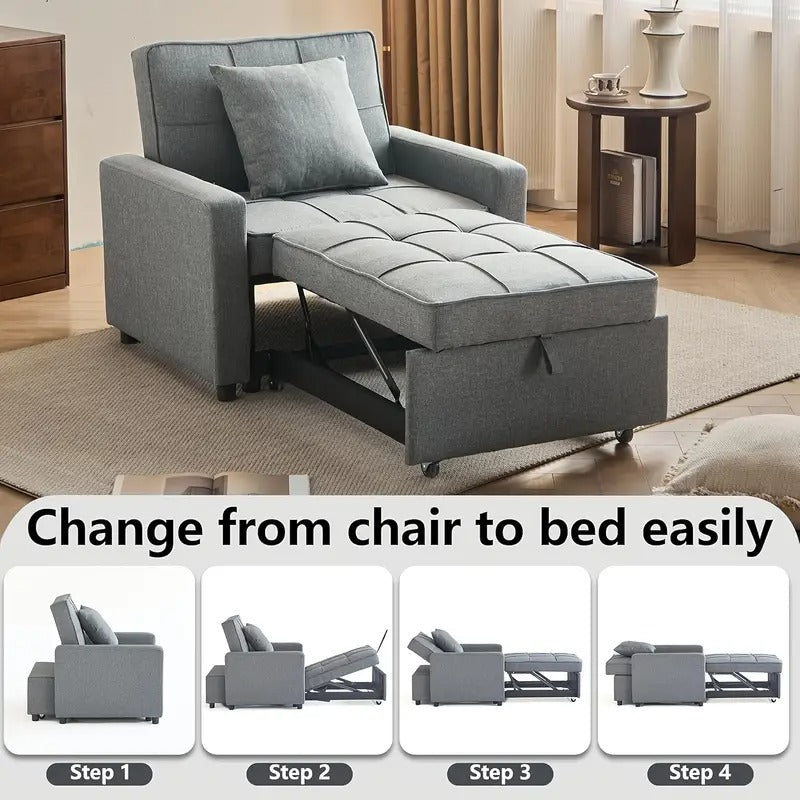 Convertible Sofa Bed Chair with Pull-Out Sleeper, 3-in-1 Reclining Futon Couch with Storage Pocket - Space-Saving Design, Blue Modern Sleeper Sofa with Soft Cushions & Sturdy Engineered Wood Frame, Manual Operation for Small Apartments, Dorms, Studios